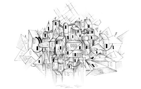 Illustration of a complicated building built from modular pieces