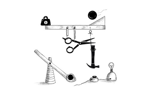 Illustration showing a Rube Goldberg machine involving a ball, a see-saw, a pair of scissors, and a hammer, which affect each other in a chain reaction that turns on a lightbulb.
