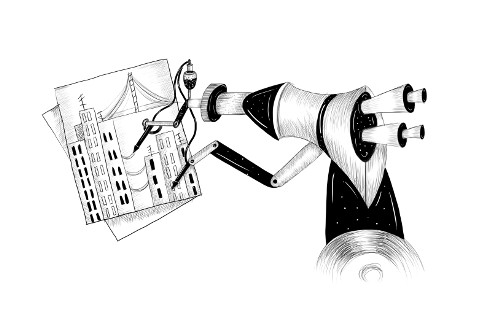 Illustration showing an industrial-looking robot arm drawing a city on a piece of paper