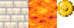 Pixel art showing three sprites: a piece of wall, made out of small white stones, a square of orange lava, and a round coin.